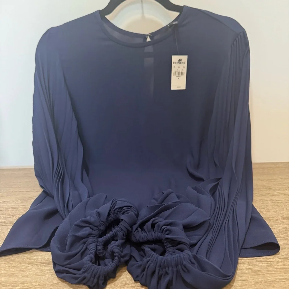 Express Navy Pleated Long-Sleeve Blouse | Size Medium | New with Tags